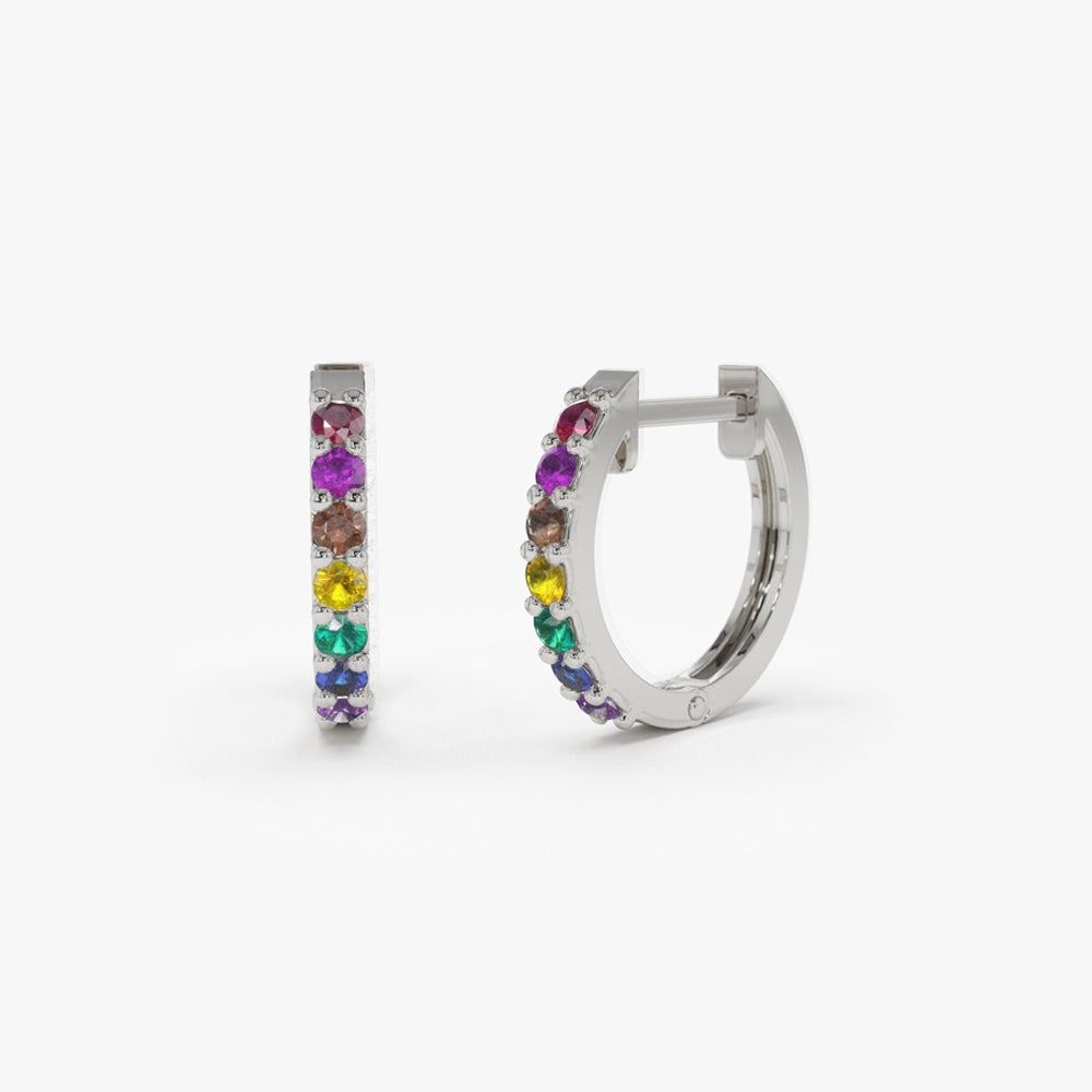 18k White Gold Natural Multi-Colored Sapphire and Diamond Hoop Earrings —